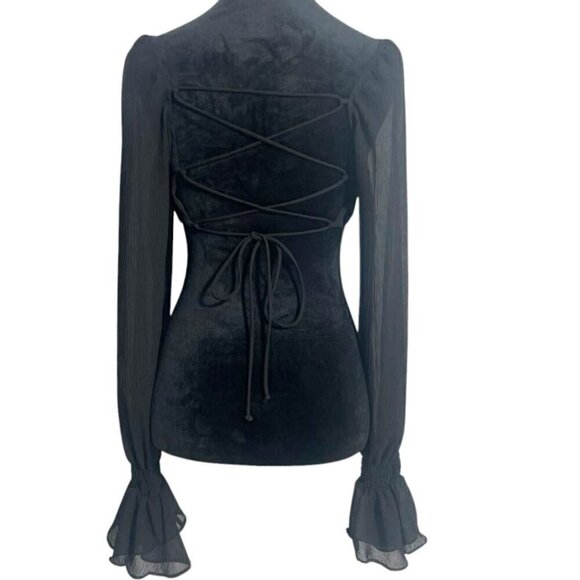 White Fox Size Small  Top Blouse Long Sleeve Black Back Tie Open Sexy - Picture 5 of 7